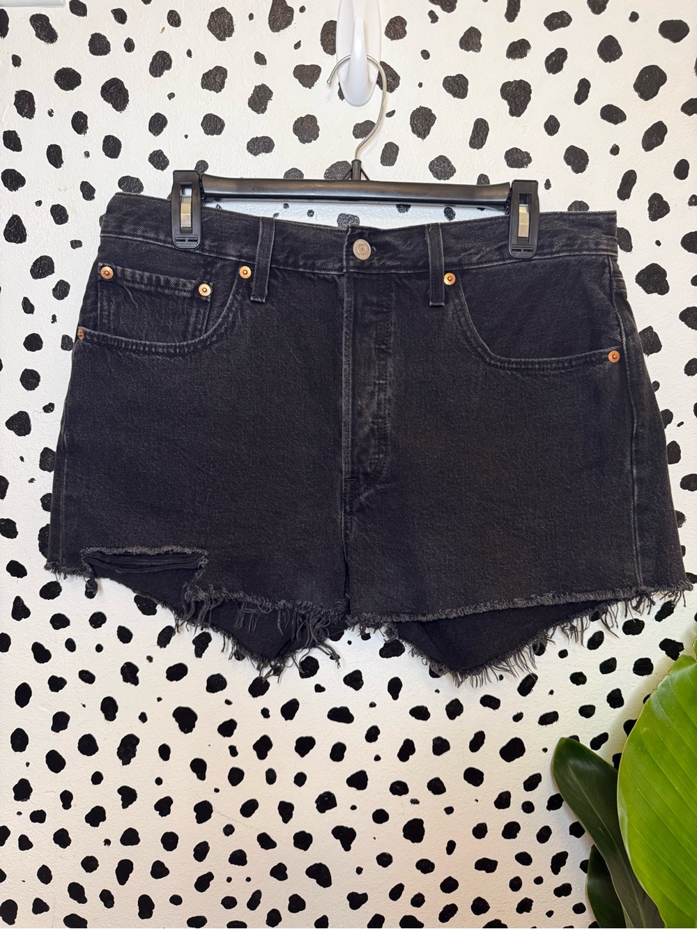 Levi's Black Distressed Frayed Hem Denim High Waisted Button Fly Shorts